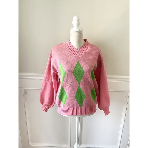 Missguided Pink & Green Argyle V-Neck Sweater NWT Size 6 - Picture 1 of 4